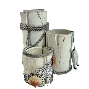 Vintage 90s Wooden 3 Candle Tea Light Holder Nautical Decor Cottage Lake House